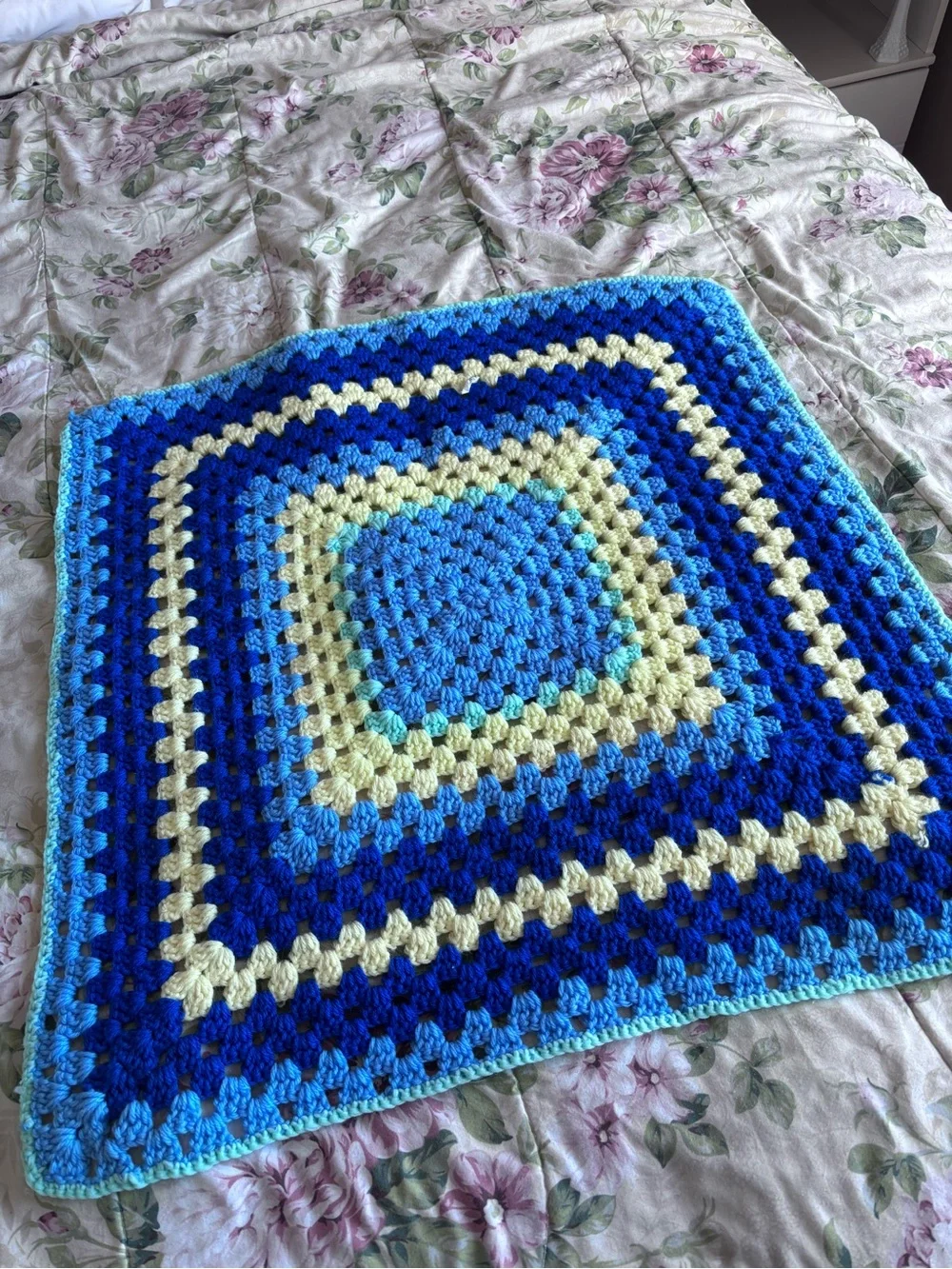 Handmade Blue and Cream/Yellow Crochet Granny Square Throw - Baby Blanket 27x27